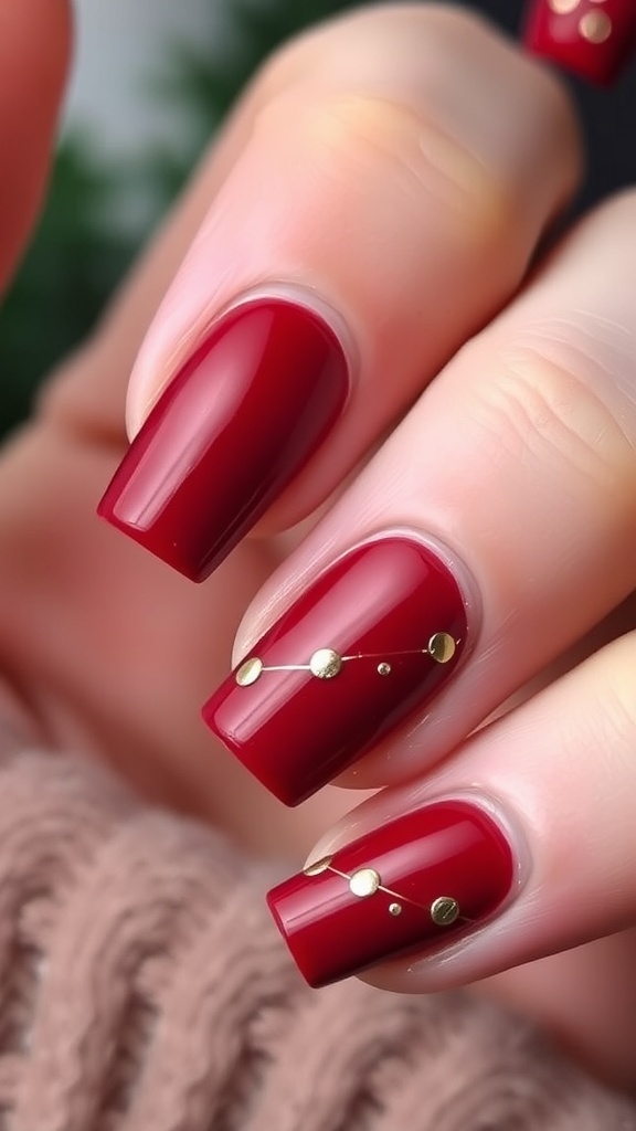 Simple Classy Christmas Nail Design Elegant Christmas nails with red base and gold accents.